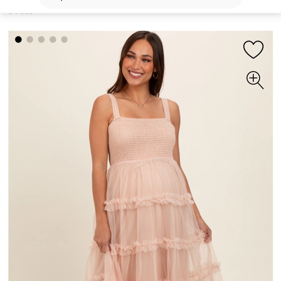 Beige Smocked Ruffle Tiered Tulle Maternity Midi Dress - Picture 2 of 2